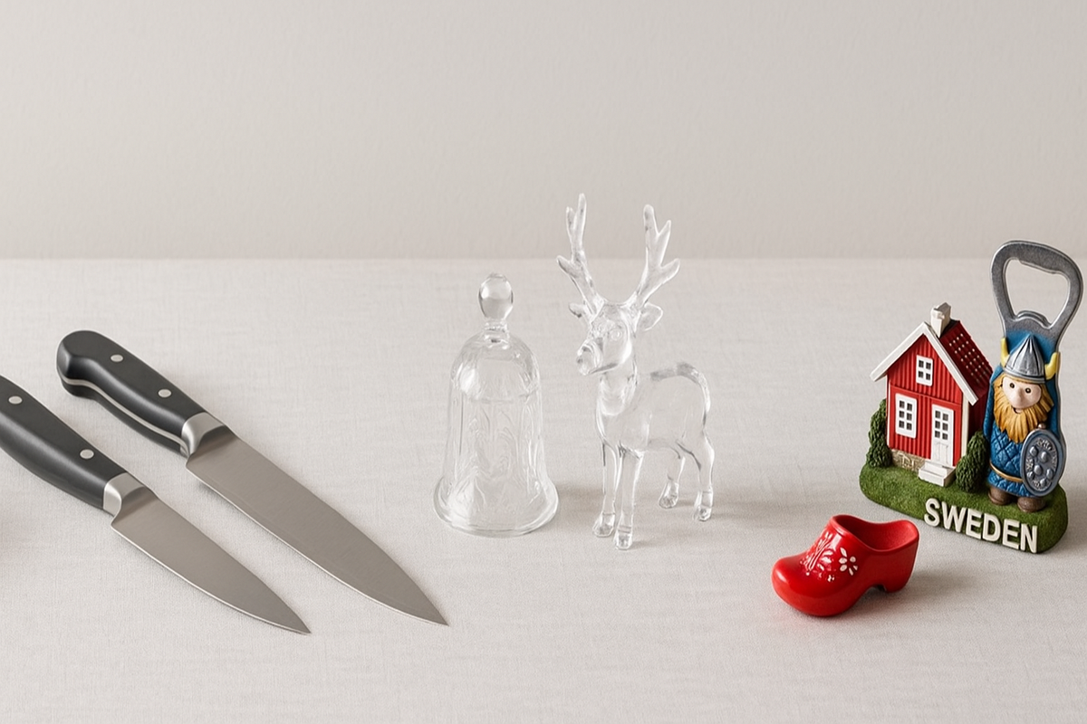 A set of unsuitable gift items for childrenâstrong salmiakki, knives, fragile glass and tourist kitschâis displayed to show what should not be chosen.