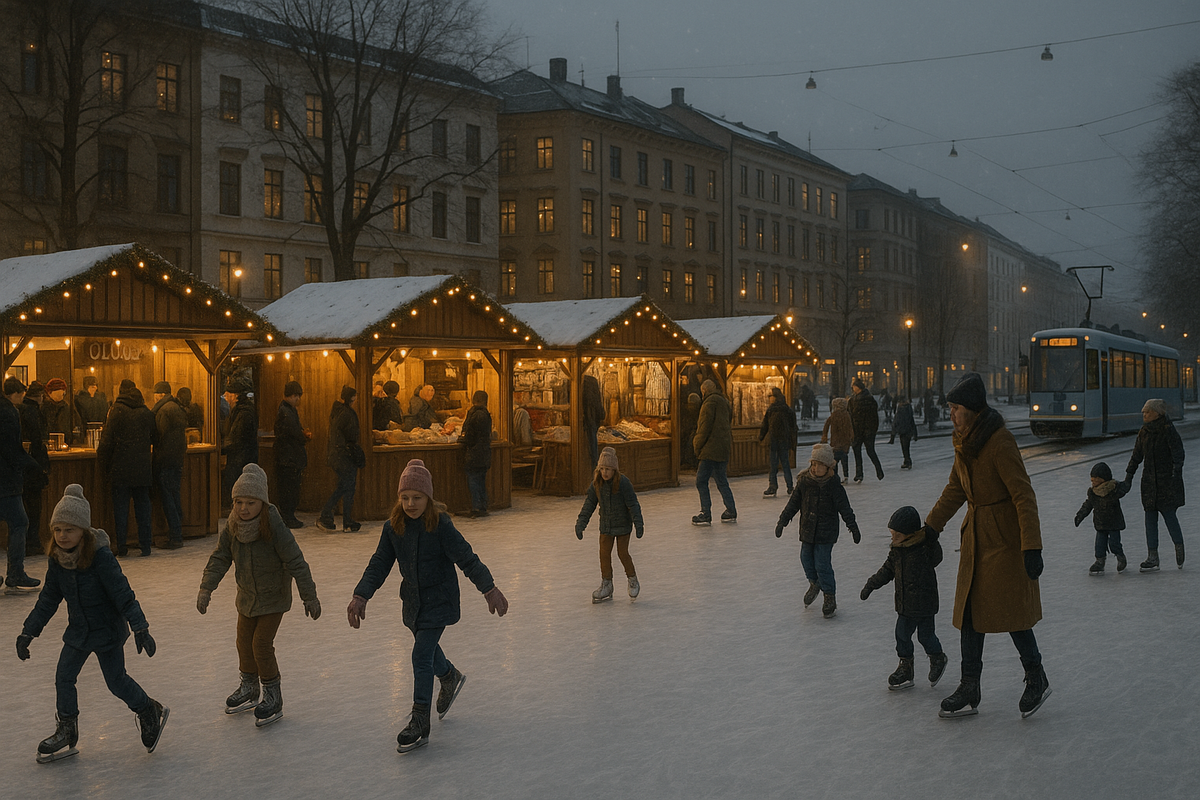 People skate on an outdoor ice rink beside a modest Christmas market in central Oslo, enjoying warm drinks, woollen goods and plenty of open space in a calm winter city.