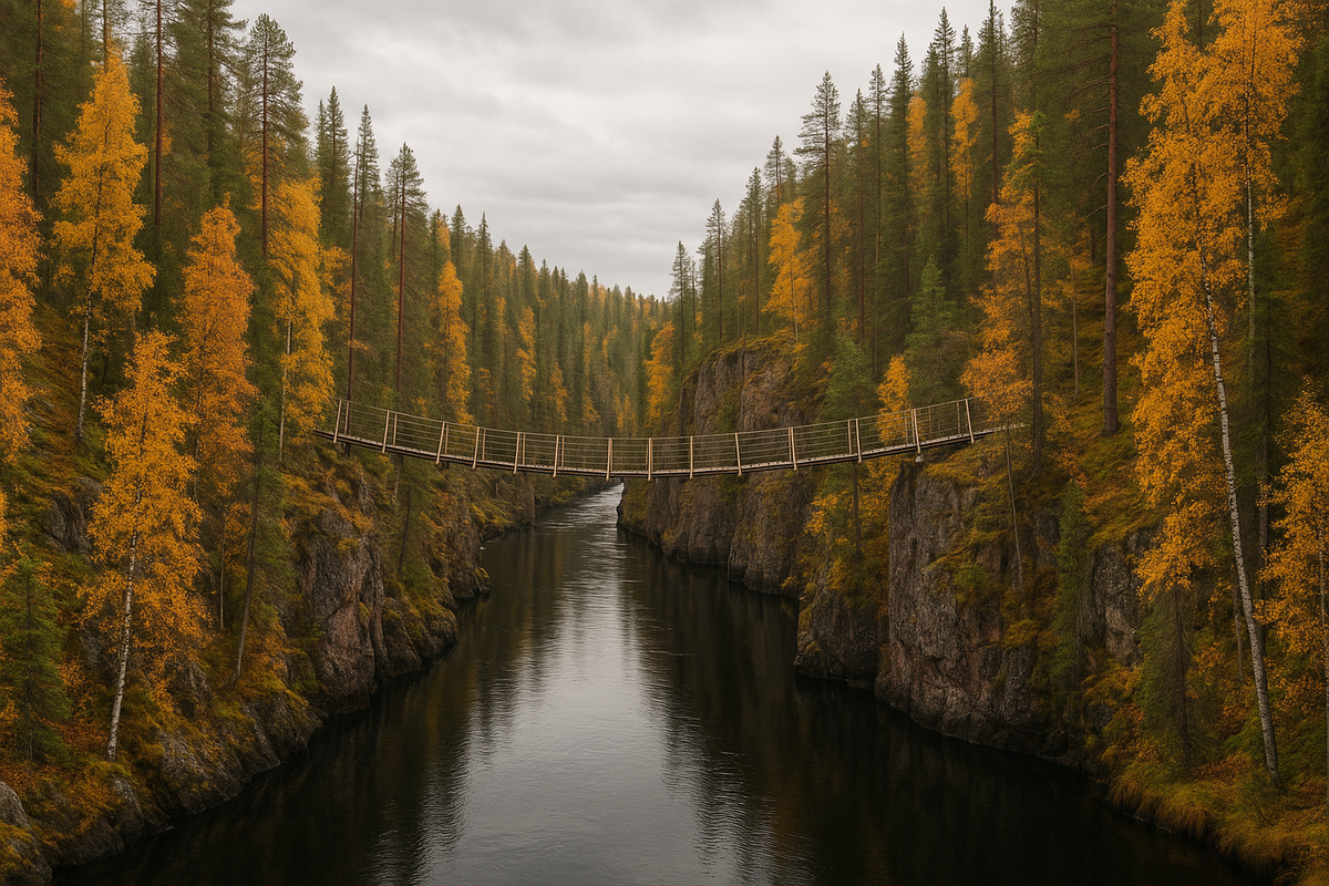 An autumn canyon scene in Oulanka National Park with bright forest, a wooden suspension bridge and a calm river below.