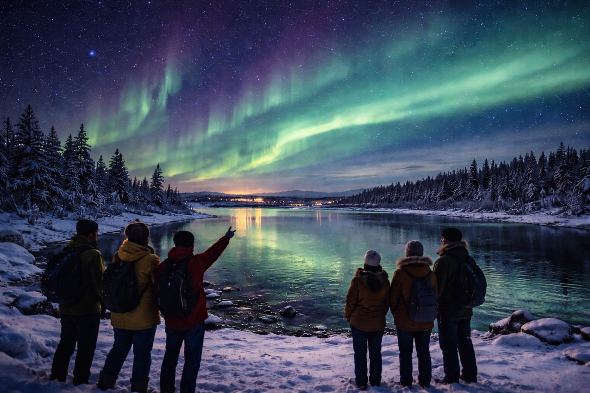 Group watches aurora over a frozen lake near northern resorts.