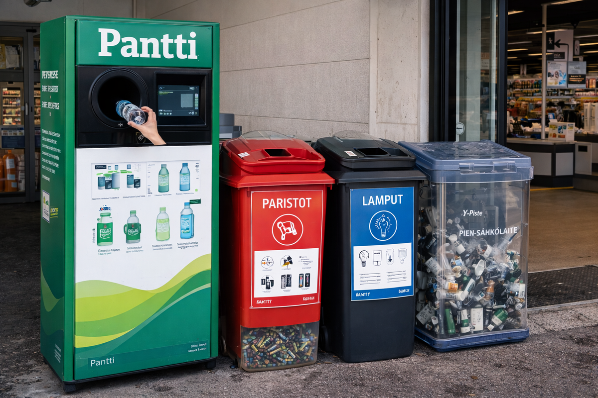Returning bottles for pantti and dropping batteries, bulbs, and electronics nearby.