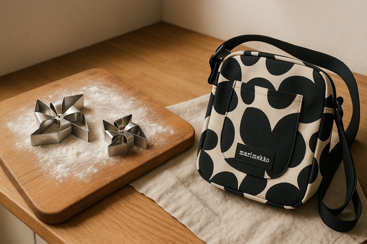 Finnish holiday pastry cutters sit beside a bold Marimekko U-Pocket bag, blending cozy baking traditions with contemporary Nordic style.