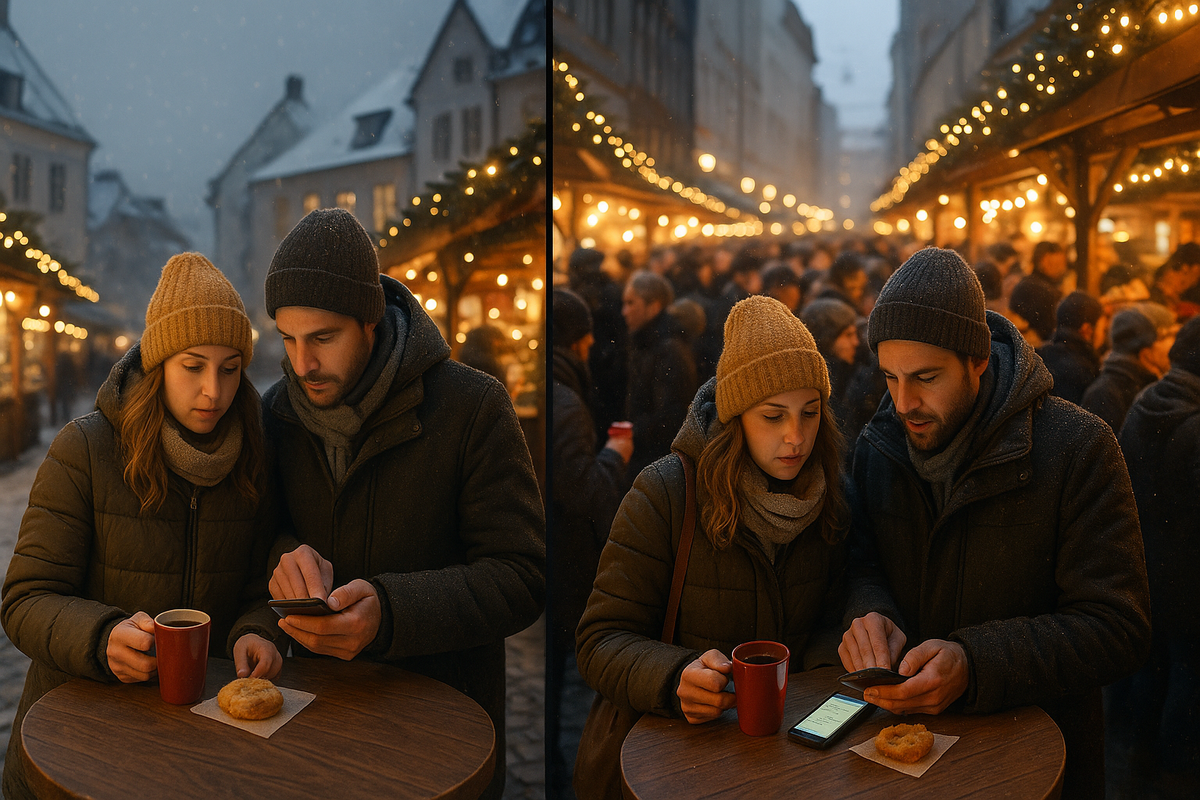 A Christmas market scene contrasts a quiet early-December evening with a crowded peak period while a couple at a stall quietly checks their spending limit on a phone.