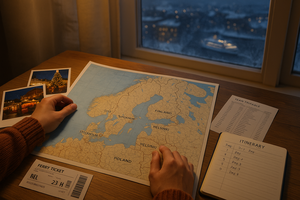 A traveler plans a 3–7-day Christmas market route between Helsinki, Stockholm, Copenhagen and Oslo, marking cities and connections on a map surrounded by tickets and festive photos.