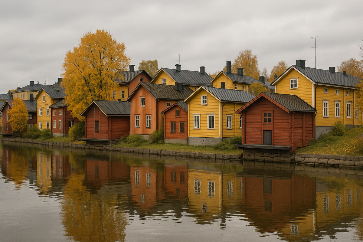 An autumn view of Porvoo with a calm river, colorful wooden houses and an overcast sky.