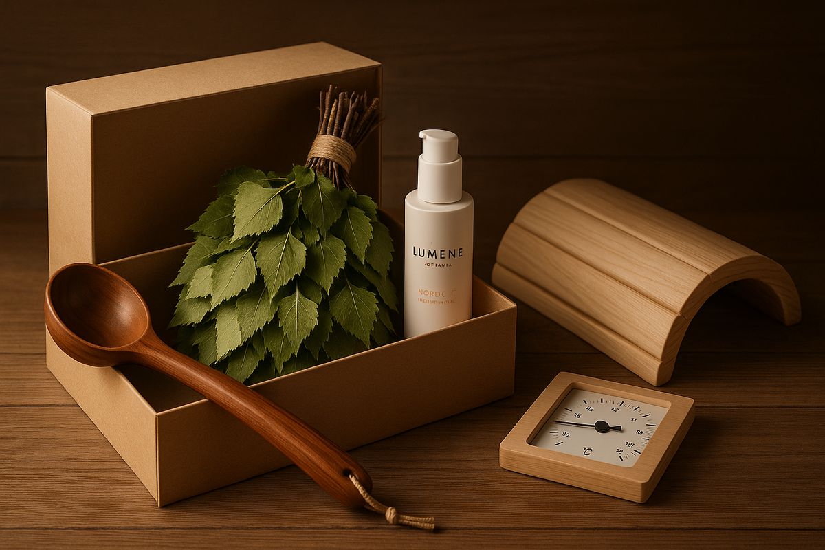 A refined Finnish sauna gift set features birch brooms, a ladle, Lumene skincare, a thermometer, a headrest and a stylish box arranged in a warm Nordic setting.