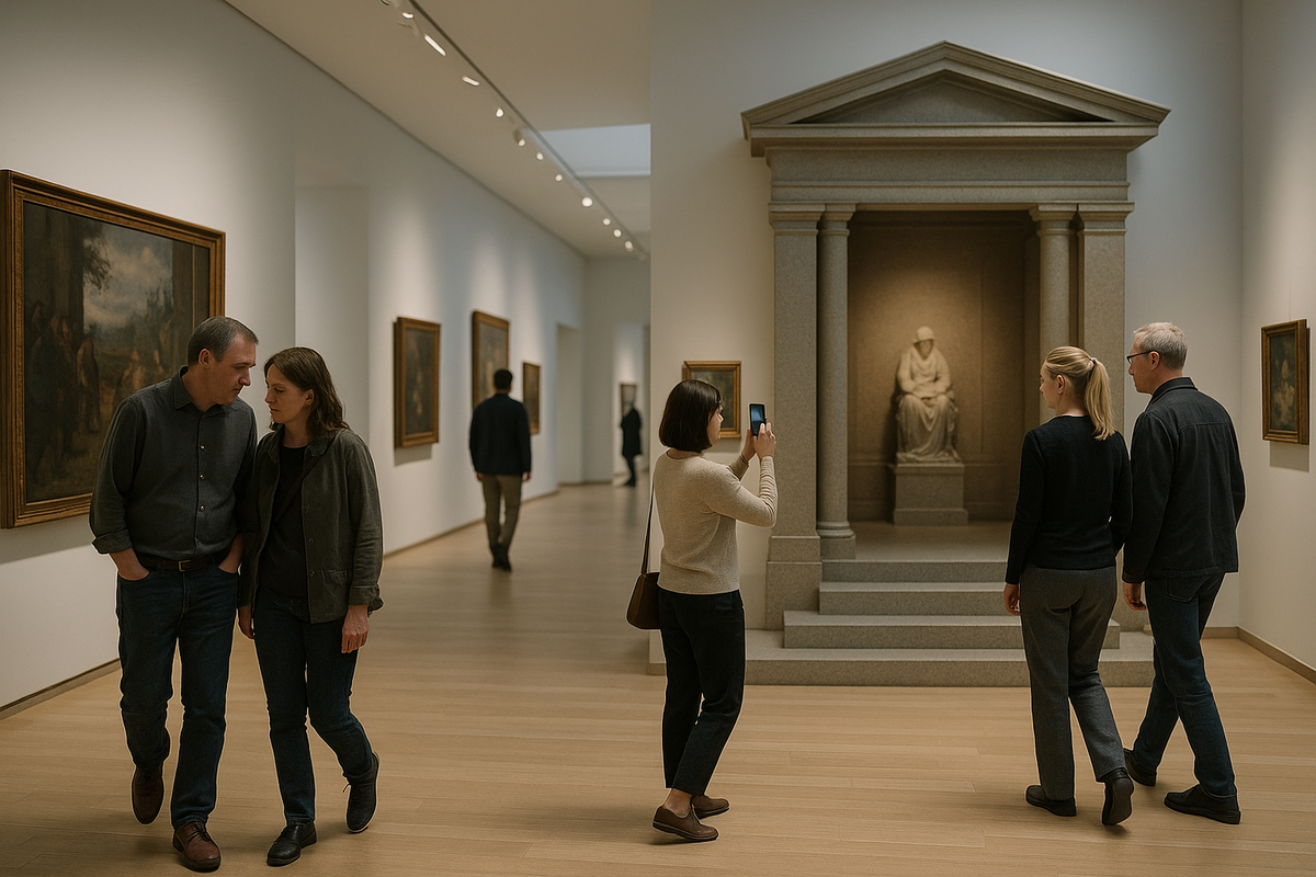 An ultrarealistic Finnish museum scene depicts visitors speaking softly, respecting photo rules, and moving with quiet attentiveness through culturally sensitive spaces.