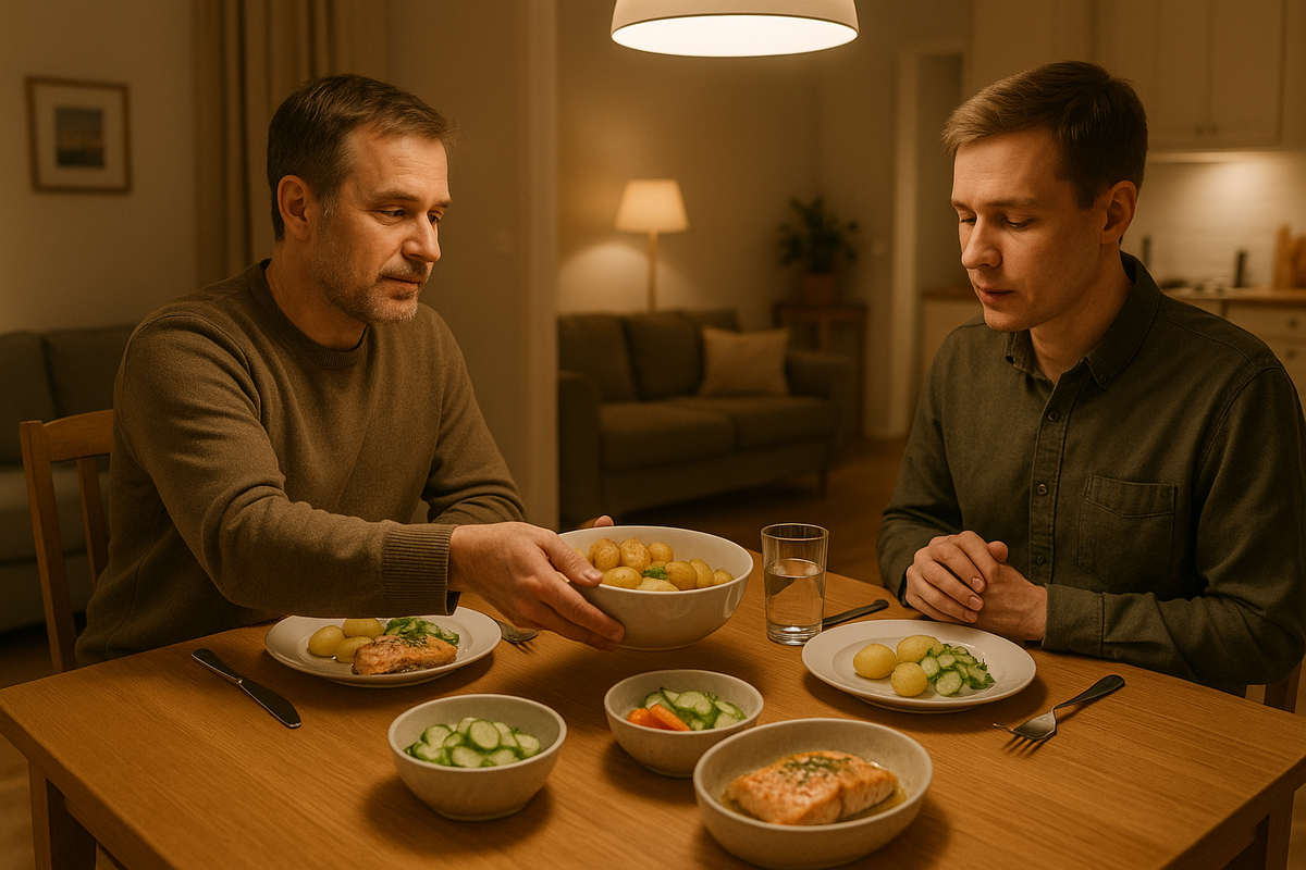 A polite guest shares a quiet, respectful dinner in a Finnish home, following local table etiquette.
