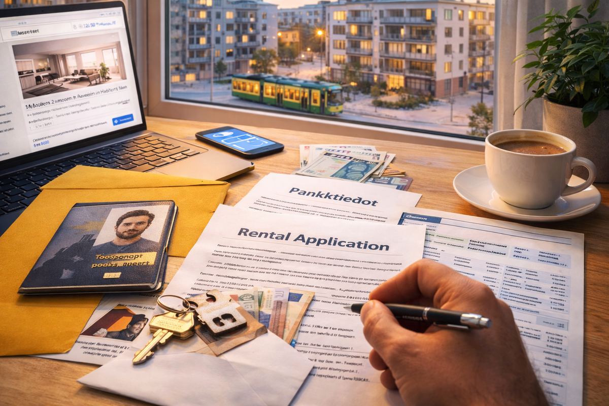 Newcomer tenant package on desk, tramlights glowing outside Finnish apartments.