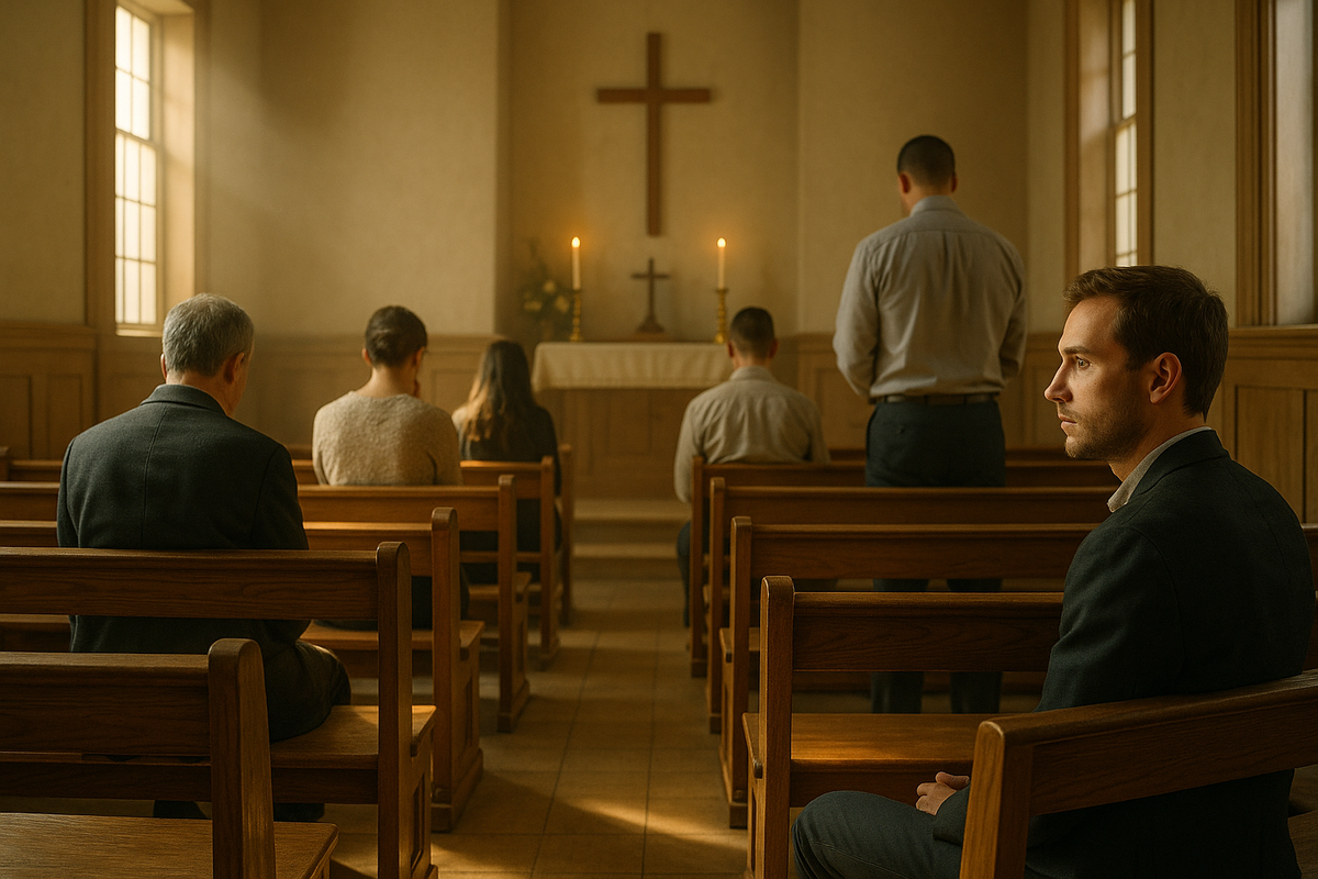 An ultrarealistic ceremonial hall scene shows a guest seated discreetly on a side bench near the back, quietly observing the ritual without moving or drawing attention away from the altar.