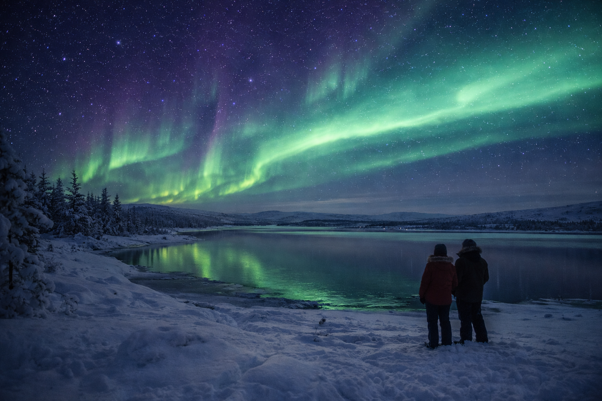 Quiet lakeshore in Lapland under aurora—dark sky, wide horizon.