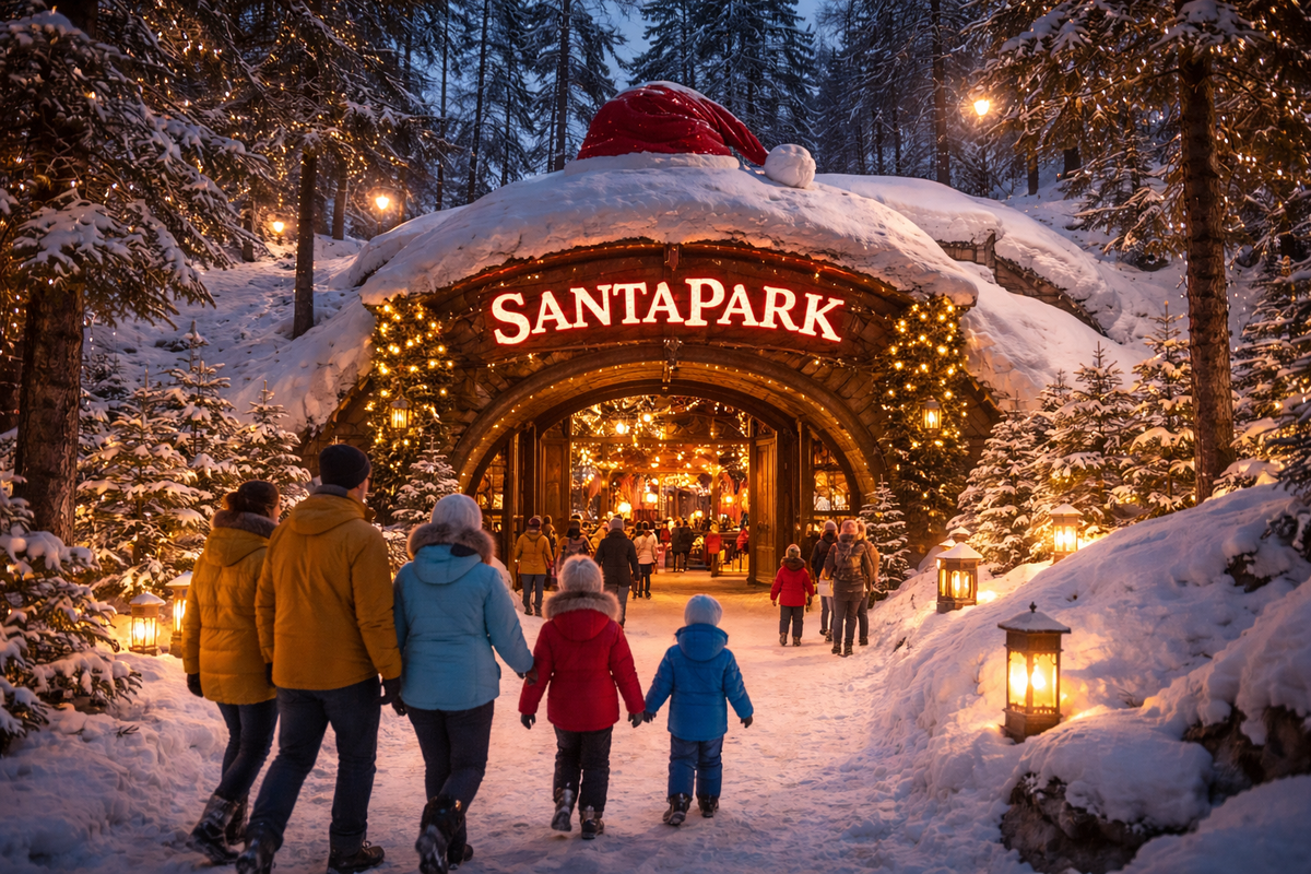 Lantern-lit snowy entrance welcomes families into Lapland’s winter magic.