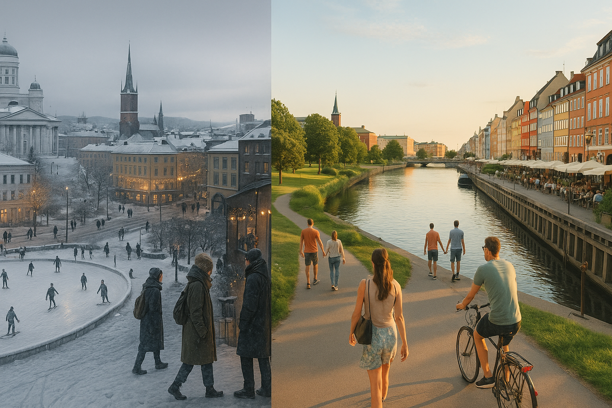 A wide split image contrasts winter and summer scenes in Helsinki, Stockholm, Oslo and Copenhagen, showing snow, skiing and cozy cafés on one side and green parks, water and terrace life on the other.