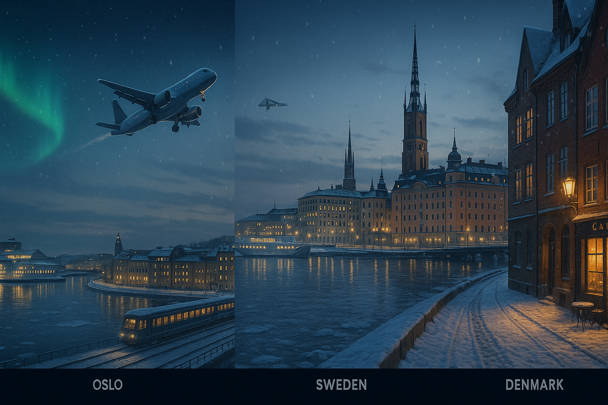 A panoramic winter view blends Finland, Norway, Sweden and Denmark into a single snowy scene illustrating the real cost behind flights, transport and holiday experiences.
