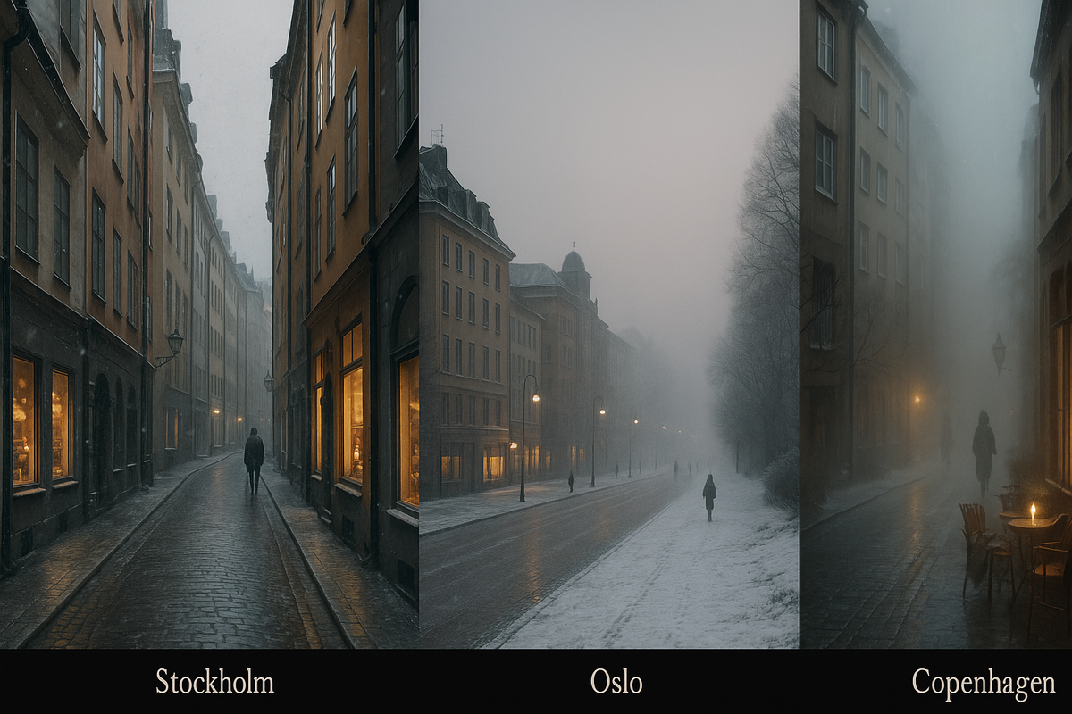 A wide winter scene contrasts the humid grey atmospheres of Helsinki, Stockholm, Oslo and Copenhagen, each city revealing its own blend of weather, mood and warmth.
