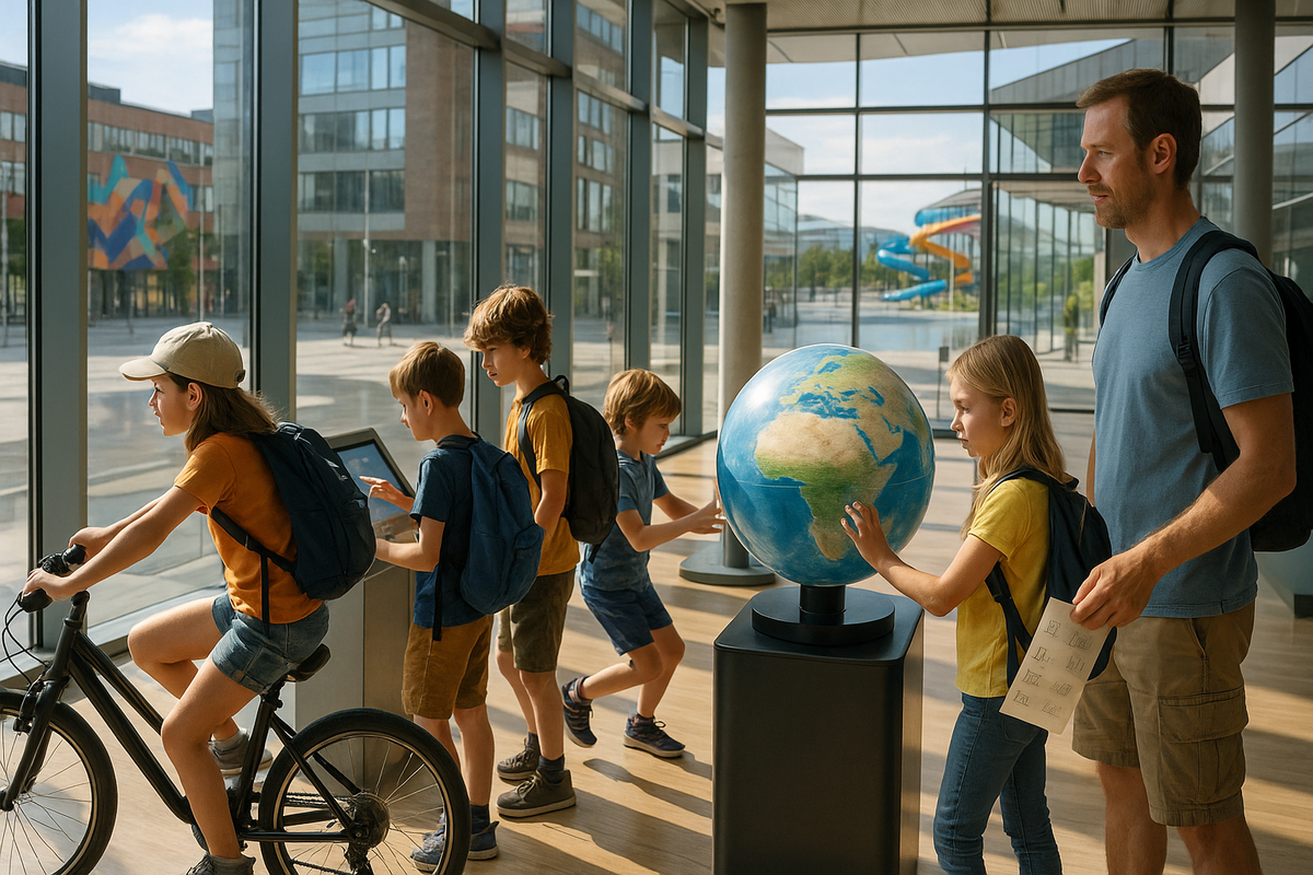 A group of school-age kids in Finland explore a hands-on science center with views of a modern city and a distant water park, symbolizing a trip that alternates learning with active outdoor fun.