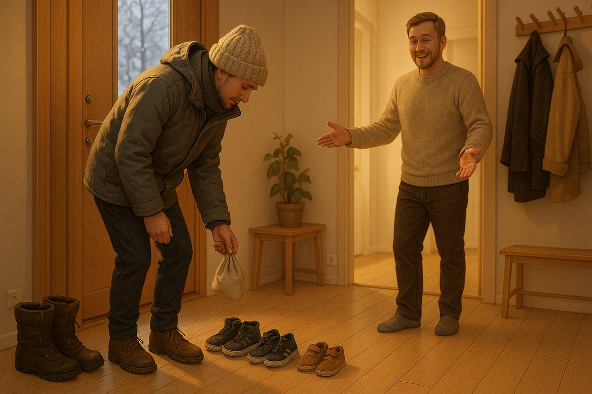 A guest pauses at a Finnish doorway, removing shoes as a friendly host welcomes them inside.