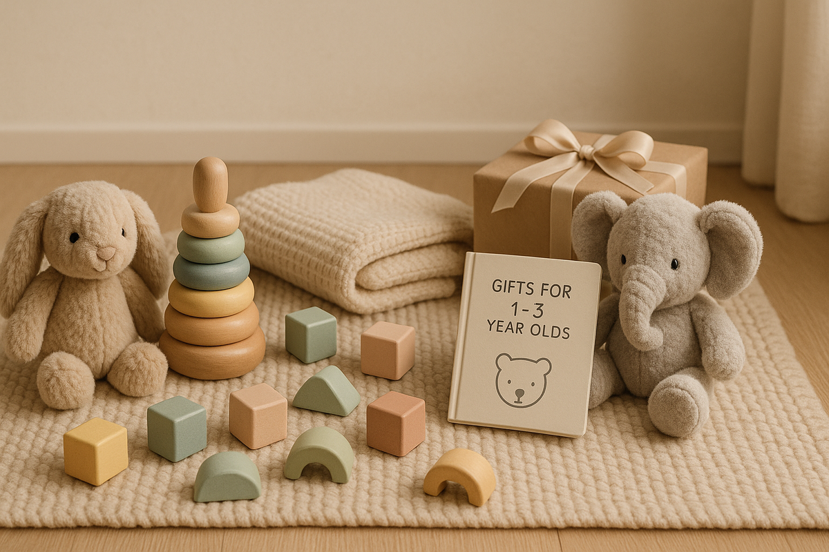 A set of soft, safe and charming Scandinavian gifts for toddlers is displayed in a warm, minimalist nursery.