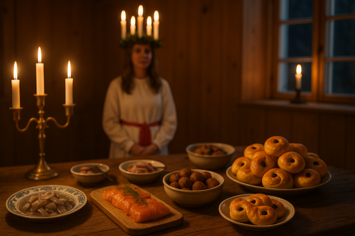 A Swedish julbord with Lucia candlelight and classic festive dishes.