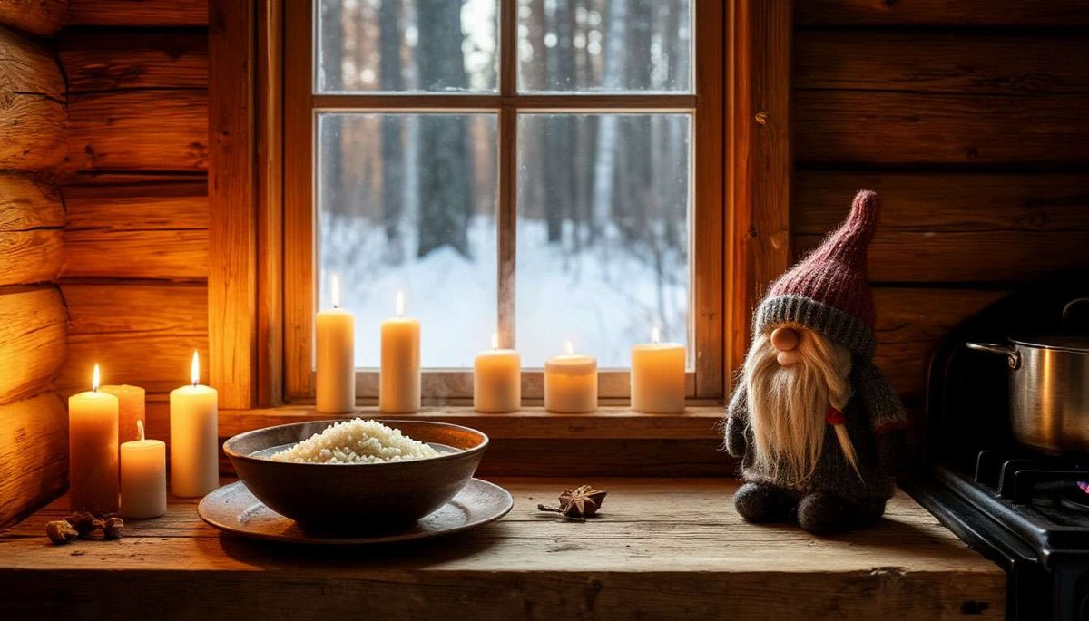 A cozy Swedish wooden home glows with candles and rice porridge as a small tomte quietly watches over the family’s winter traditions.