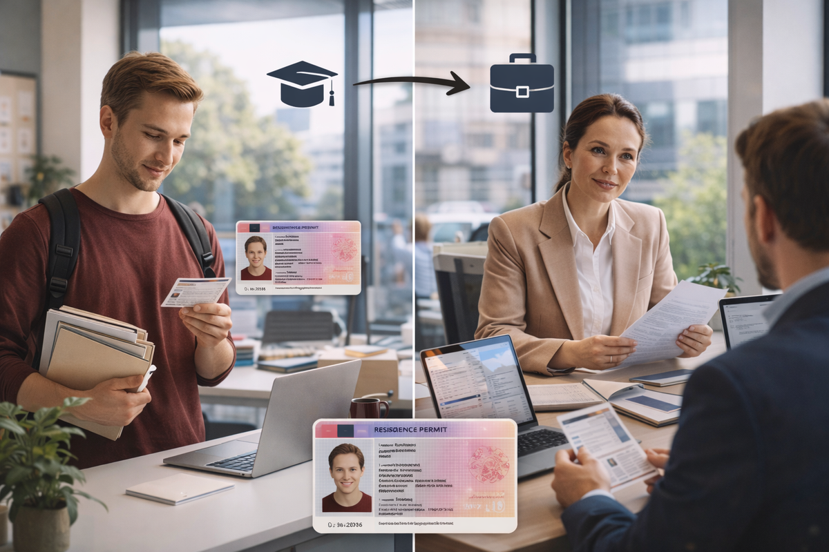 Office meeting scene represents changing permit basis from study to work.