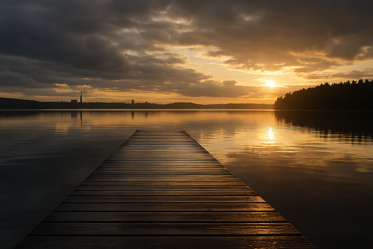 A calm post-rain evening on a Tampere lake with wet pier, golden light and mirror-like reflections on the water.