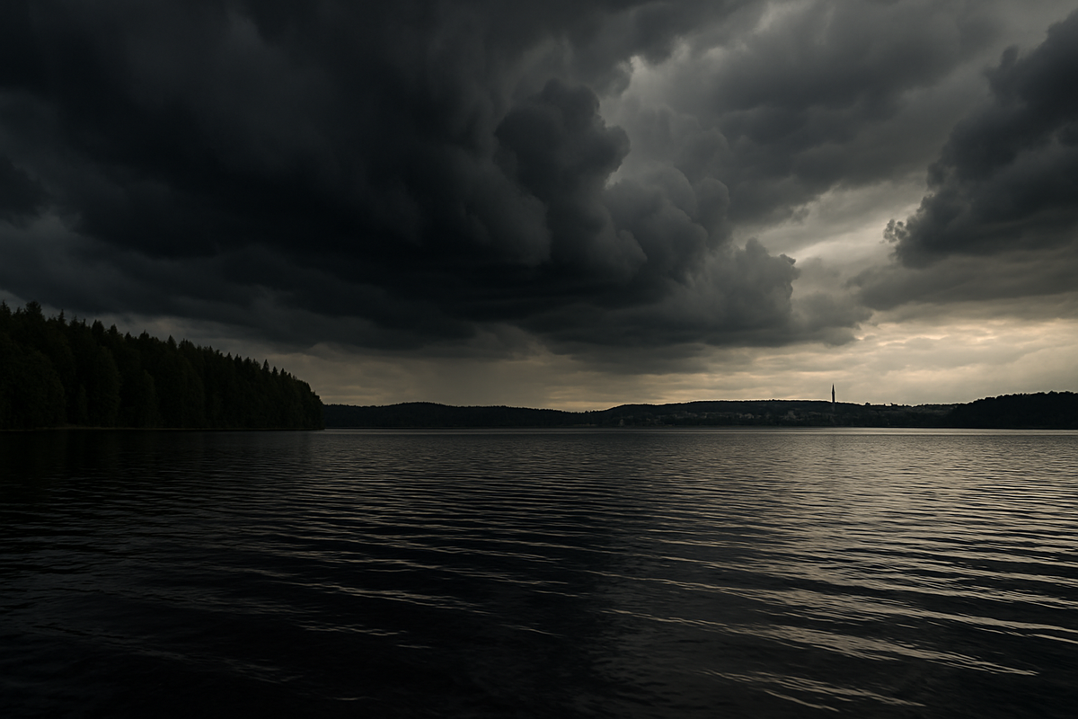 A summer lake near Tampere with rippled water and dark thunderclouds gathering over the forested shoreline and distant city.