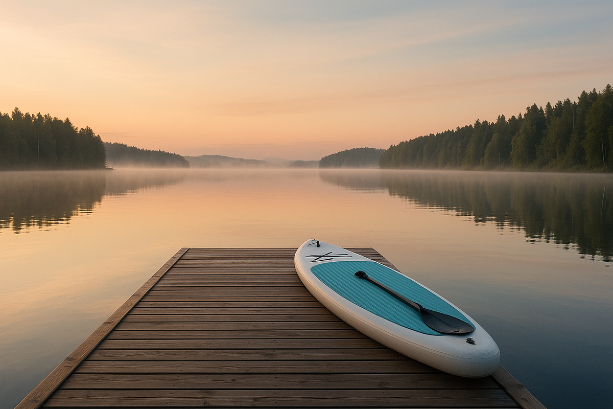 A calm misty summer morning on a Tampere lake with an empty SUP board on a wooden pier and forested shores in the distance.