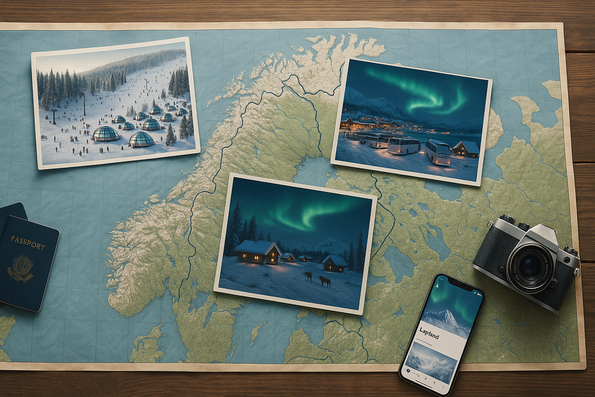 A panoramic tabletop scene combines a map of northern Finland, Norway and Sweden with contrasting images of crowded resorts and quiet villages that tourists all call “Lapland.”