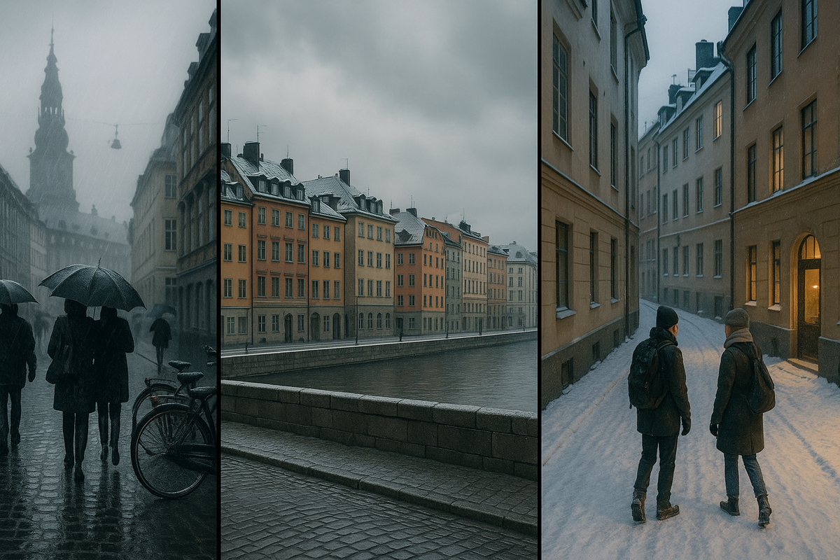 A wide winter panorama contrasts rainy Copenhagen, softly grey Stockholm and clear, quietly cozy Helsinki in three side-by-side city scenes.
