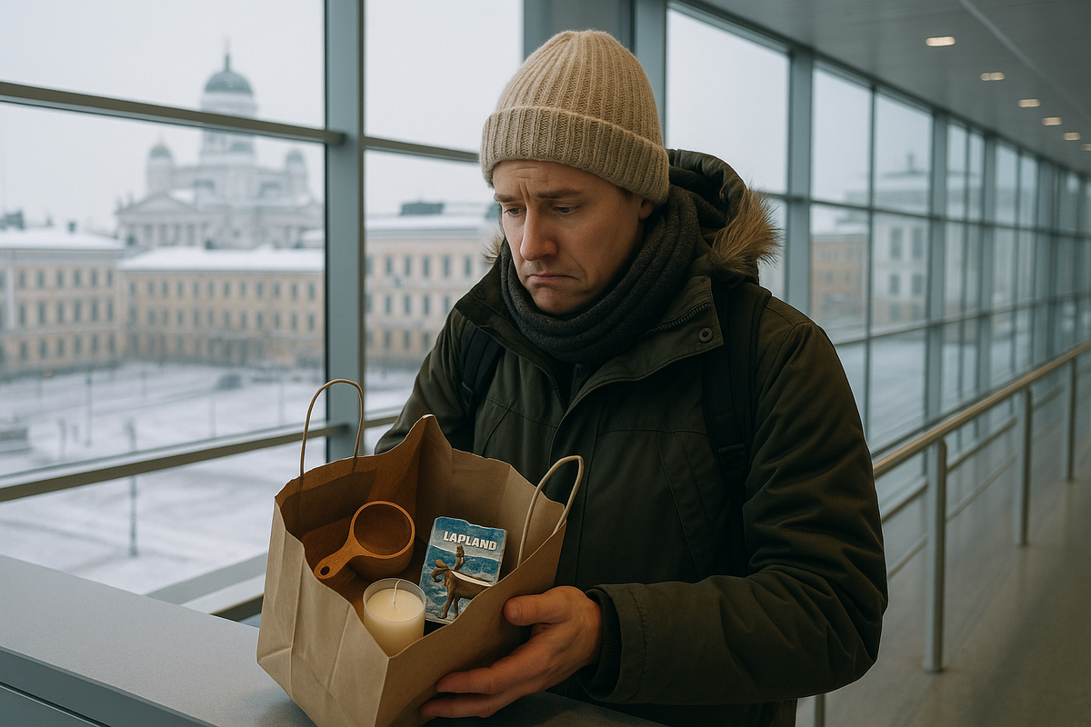 A traveller at Helsinki Airport looking regretfully at low-quality Finnish souvenirs in their shopping bag.