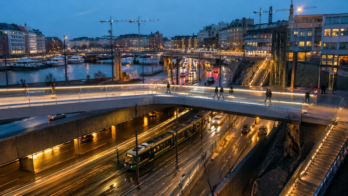 A cinematic evening view of a modern Nordic city where glowing bridges, layered roads, and moving trams blend with pedestrians and reflections to create a dynamic urban rhythm under the twilight sky.