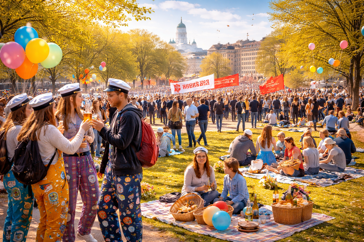 A lively Vappu scene in Helsinki showing a mix of students, families, and workers enjoying picnics in a sunny park, with white student caps, colorful balloons, and a festive crowd in the background.