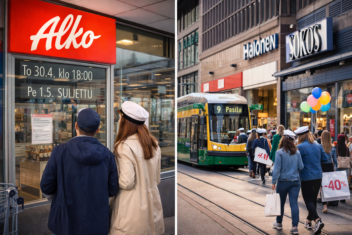 A split-scene image showing practical Vappu moments in Helsinki: on the left, people checking Alko’s holiday opening hours, and on the right, a busy city street with trams, shoppers, and people in white caps during the festive period.