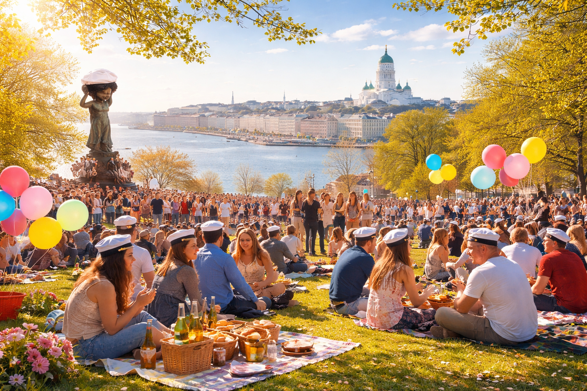 A realistic spring scene of Vappu celebrations in Helsinki, with people relaxing on picnic blankets, colorful balloons, white student caps, and a festive crowd gathered in a sunny park near the waterfront.