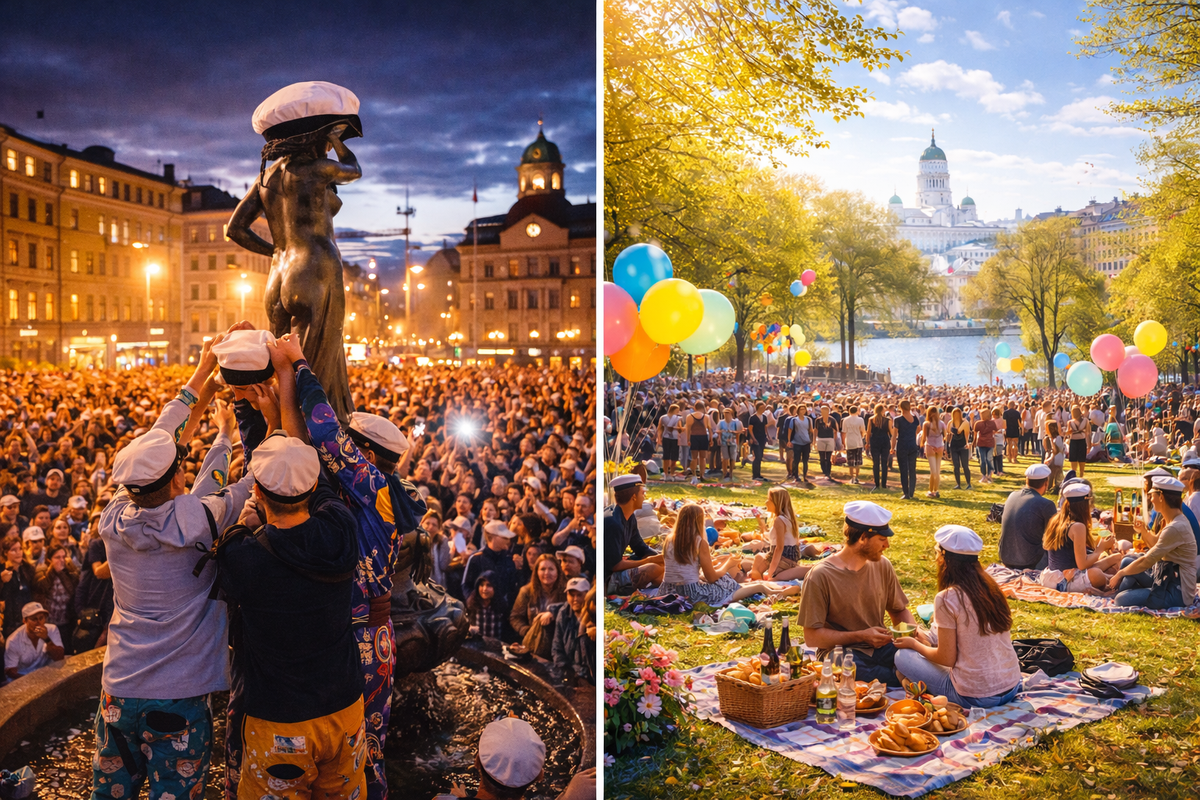 A split-scene image showing the contrast of Vappu: on the left, students placing a white cap on the Havis Amanda statue during the evening celebration on 30 April, and on the right, a bright 1 May picnic in Kaivopuisto with crowds, balloons, and a relaxed