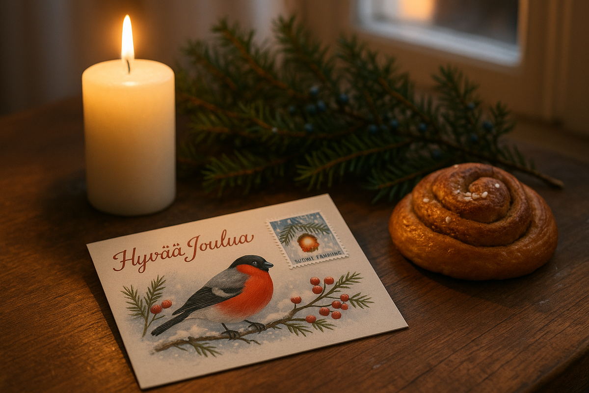 A cozy Finnish Christmas scene with a festive postcard, lit candle, cinnamon bun, and juniper branches on a wooden table.