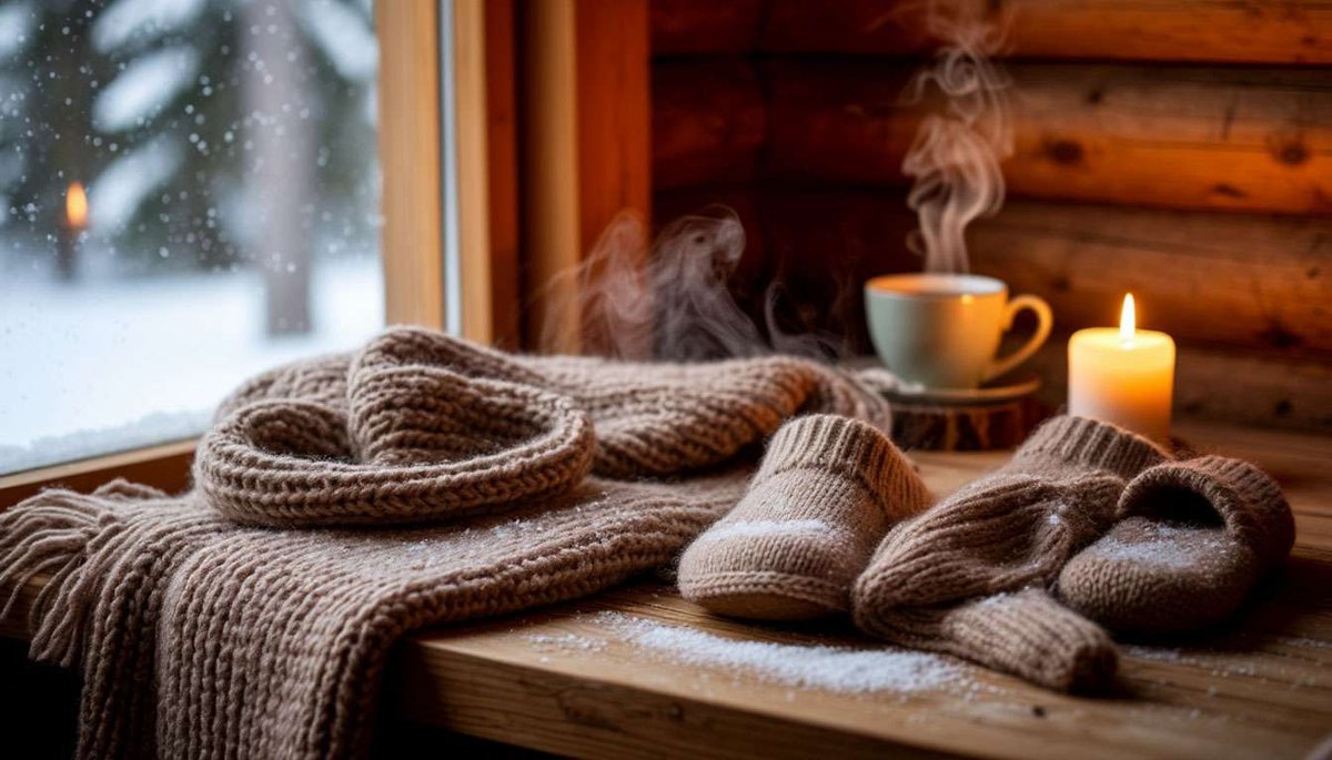 A cozy Finnish winter setting displays soft woolen scarves, mittens and blankets prepared as warm, caring gifts for loved ones.