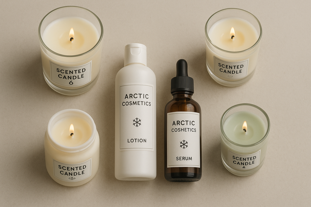 A flatlay of weak scented candles and ineffective “Arctic cosmetics”.