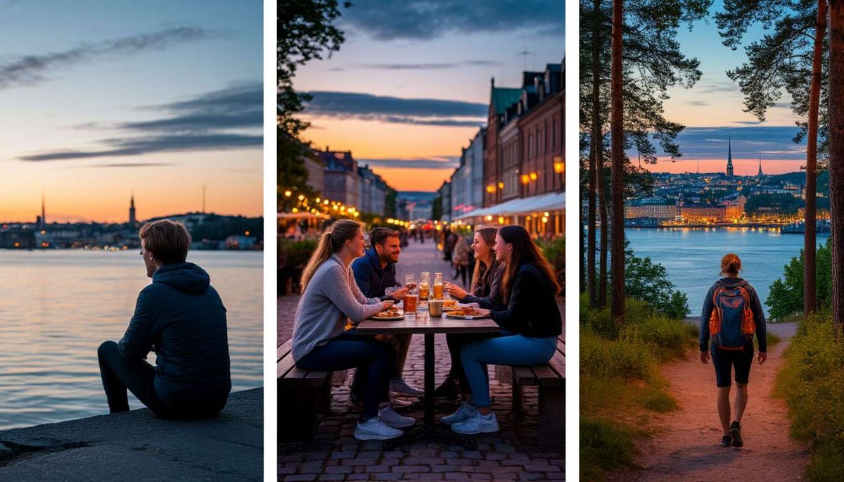 A wide scene contrasts a quiet Helsinki waterfront, lively food streets of Copenhagen–Stockholm and an Oslo fjord viewpoint to show different Nordic cities for different travel personalities.