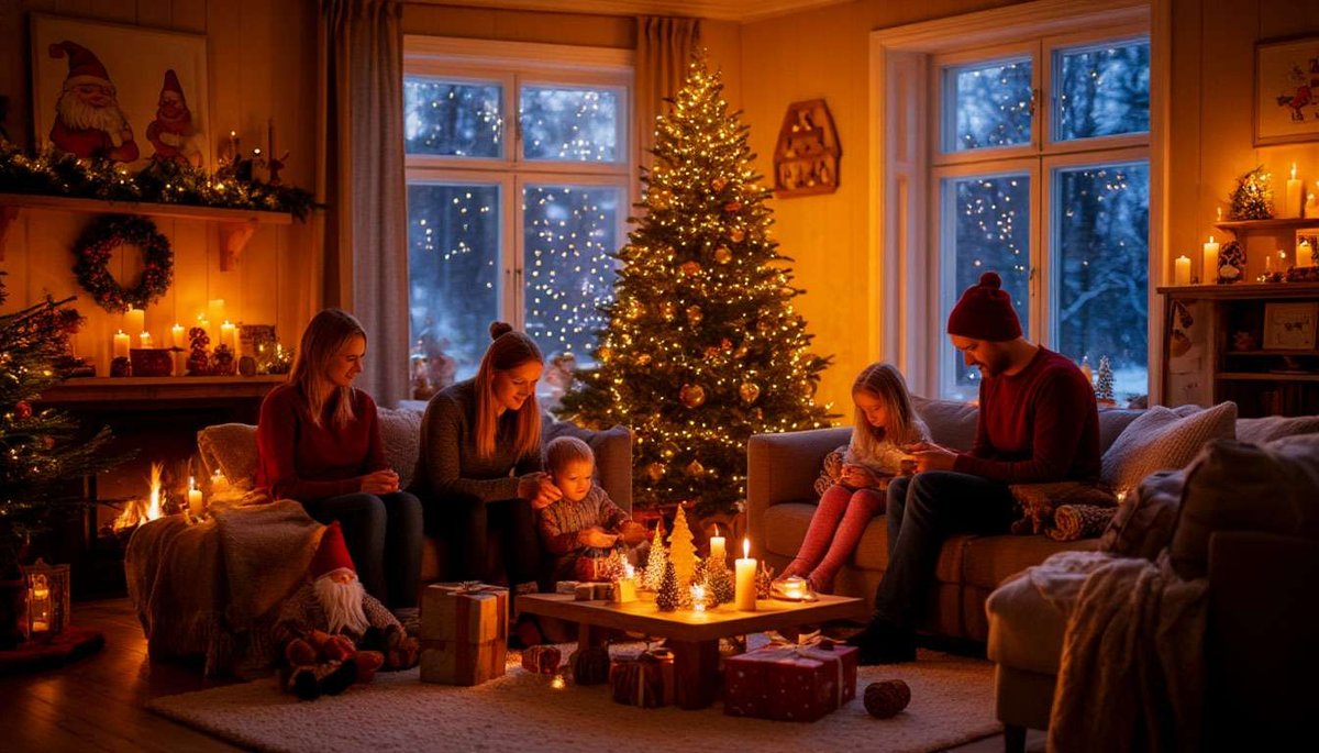 In a cozy Nordic living room at Christmas, parents quietly create a warm, glowing atmosphere for their sleeping children while different folklore figures appear as small figurines and decorations.