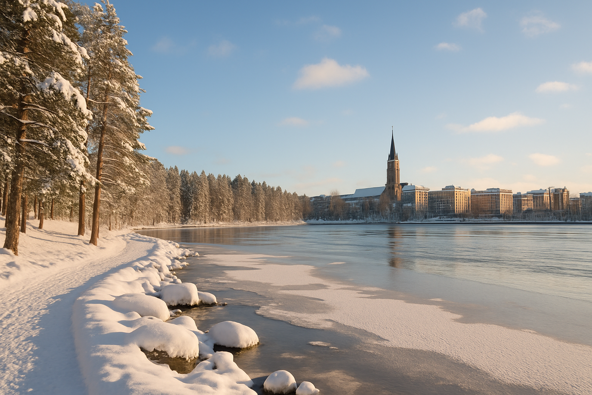 A bright winter day in Tampere shows a snowy lakeside path, frosted pines, and the cathedral rising above the frozen shoreline under a clear blue sky.