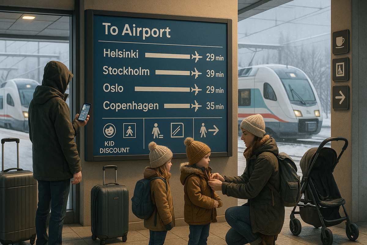 A family with children plans their winter trip from a Nordic airport train station, weighing routes, weather and kid-friendly transport options to different Scandinavian capitals.