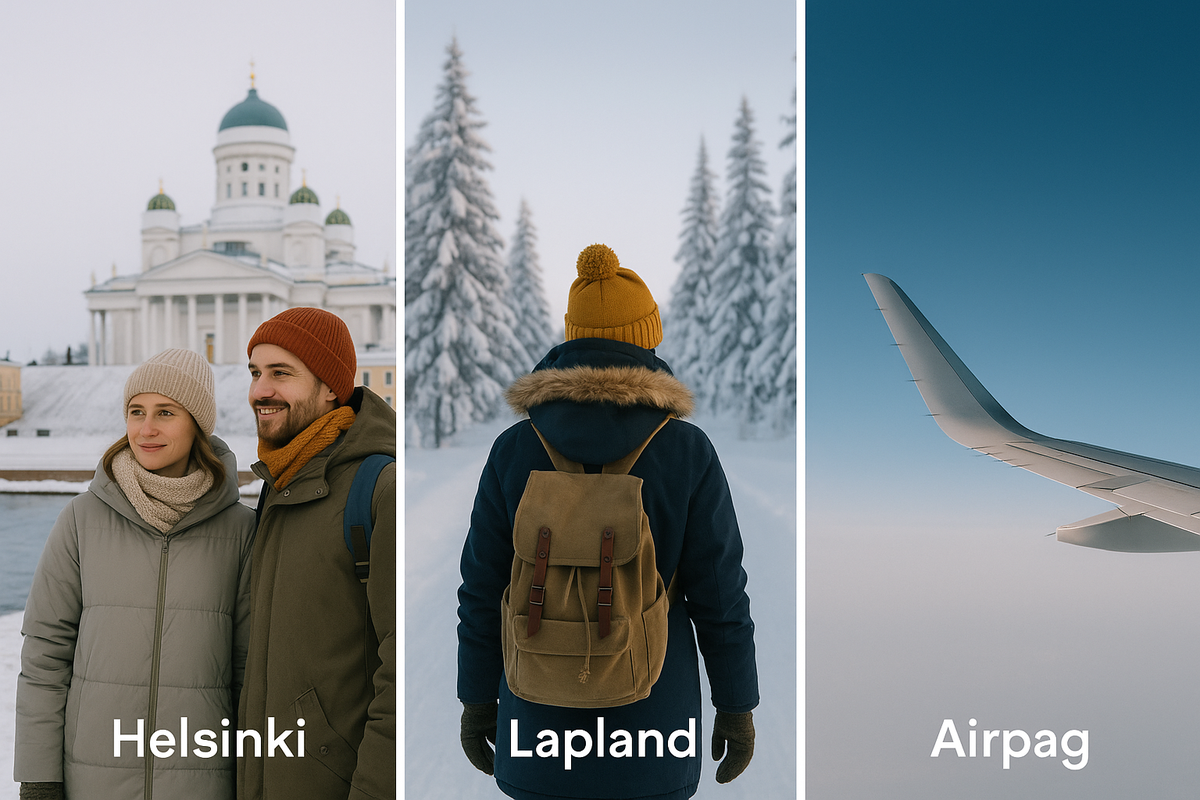 A cozy winter travel scene shows a suitcase, warm clothing, and accessories laid out in soft natural light, capturing the idea of preparing for a mixed Helsinki–Lapland journey.