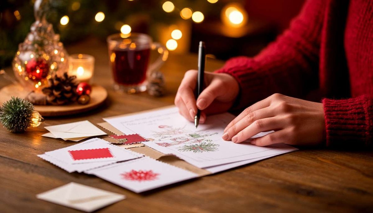 A hand writing a Christmas postcard with stamps on a cozy wooden table.