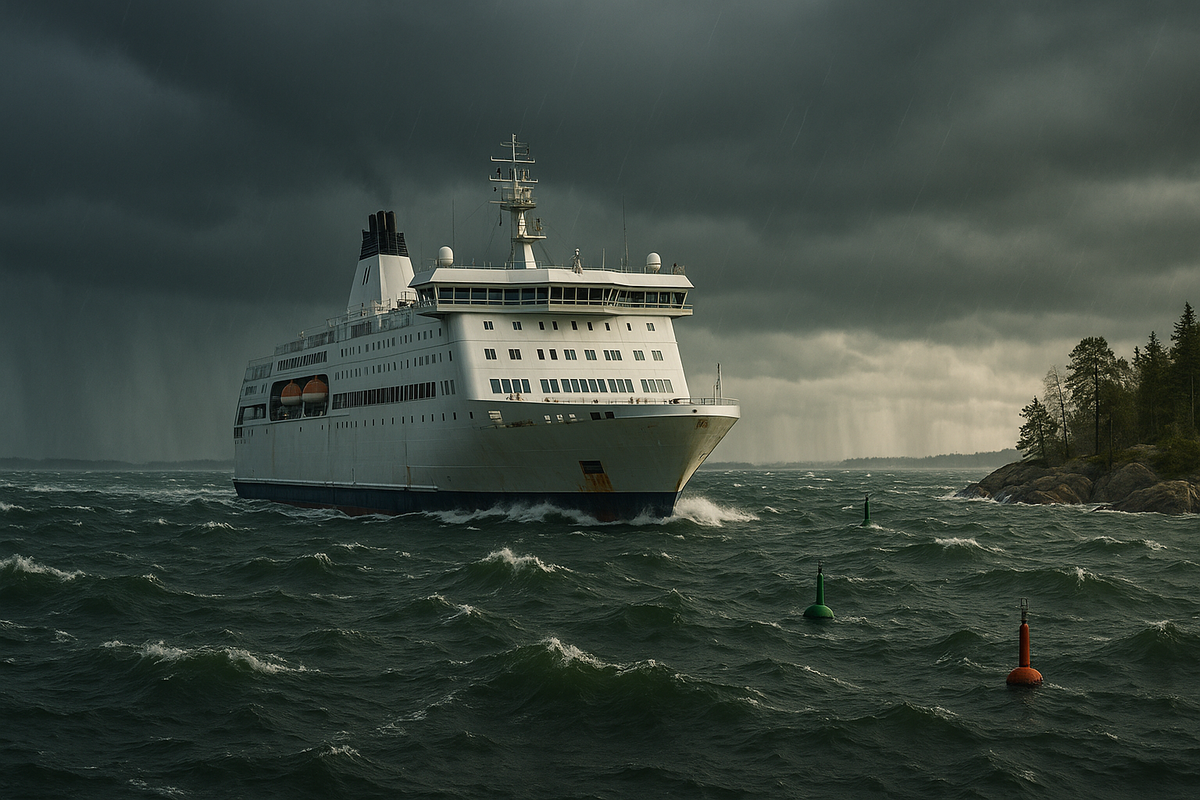 Large Baltic ferry in choppy seas passing a rocky Finnish coast under heavy clouds.