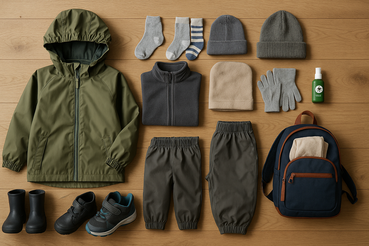 Flat lay of children’s layered outdoor clothes and shoes prepared for Finnish weather.
