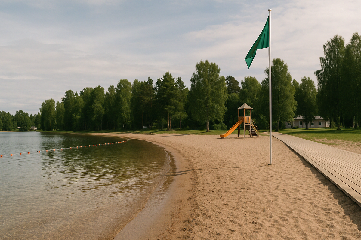 Family-friendly Finnish beach with shallow water, green safety flag and playground nearby.