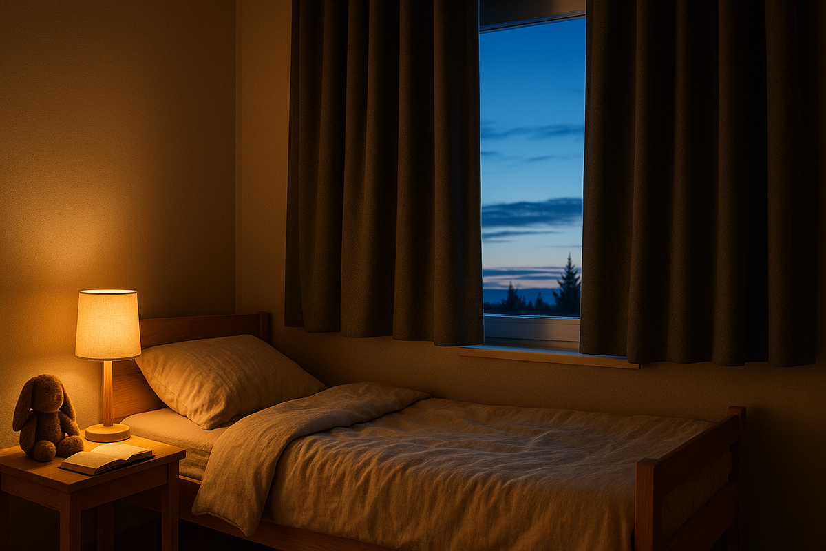 Cozy kids’ bedroom with blackout curtains and nightlight during bright Nordic evening.