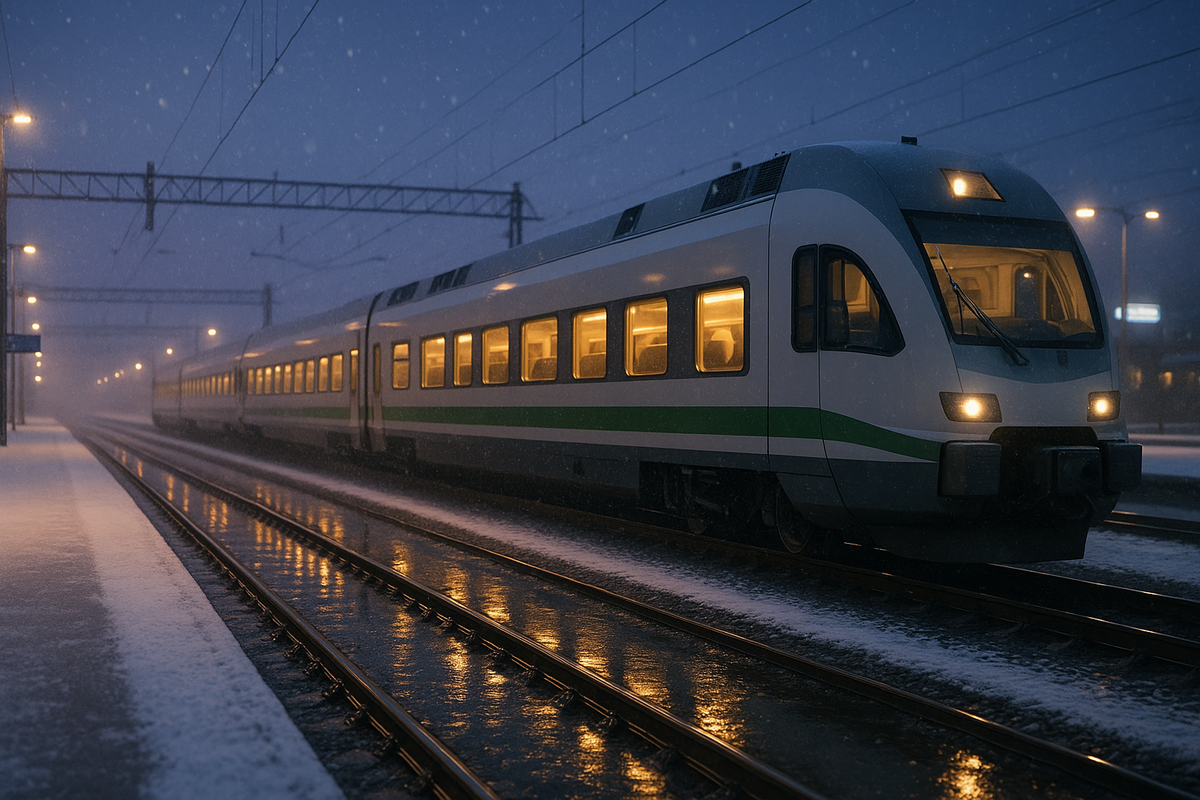 Passenger train at a snowy Finnish station in soft twilight and light snowfall.